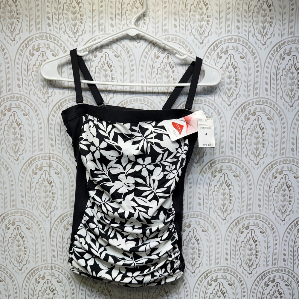 Lands' End Tankini Top Womens 4 Black White Floral‎ Ruched Lycra Swimwear NWT